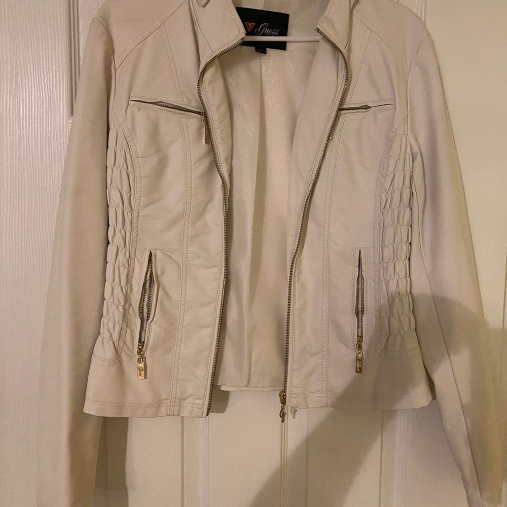 Guess cream pleather gold zipper jacket